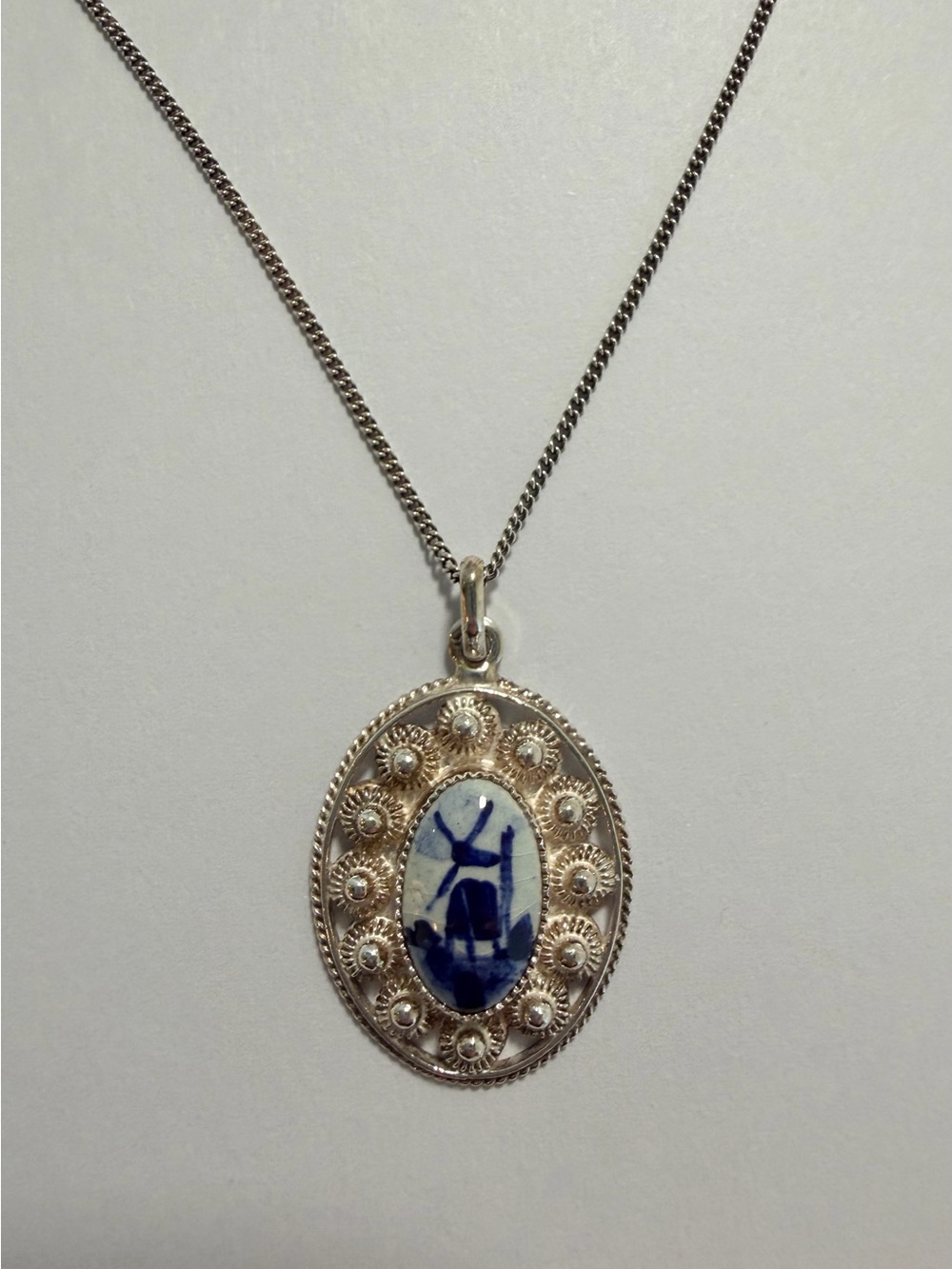 Vintage Dutch Delftware Windmill Silver Pendant Necklace 16”